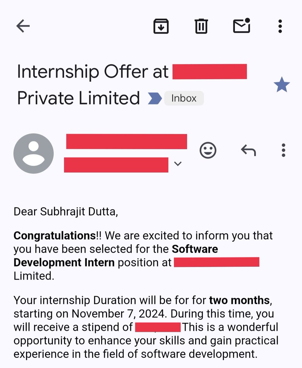 Subhrastwt's tweet photo. Got a remote offer as a Software Developer Intern at a startup! https://t.co/j7jCzhNbgT