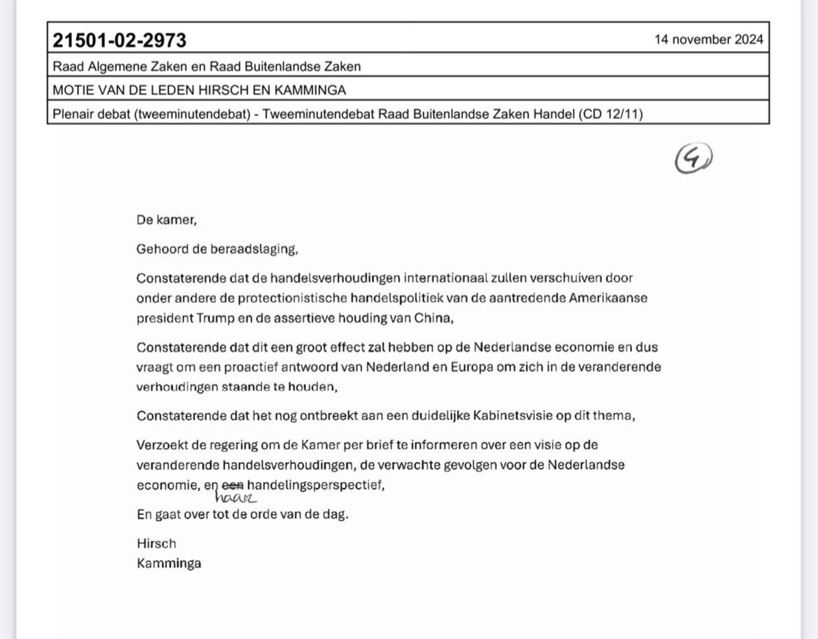 Sterke anticiperende motie Hirsch/Kamminga op Trump tariffs en 🇨🇳 dumping/subsidies

“Verzoekt de regering om de Kamer per brief te informeren over een visie op de veranderende handelsverhoudingen, de verwachte gevolgen voor de Nederlandse
economie, en haar handelingsperspectief”