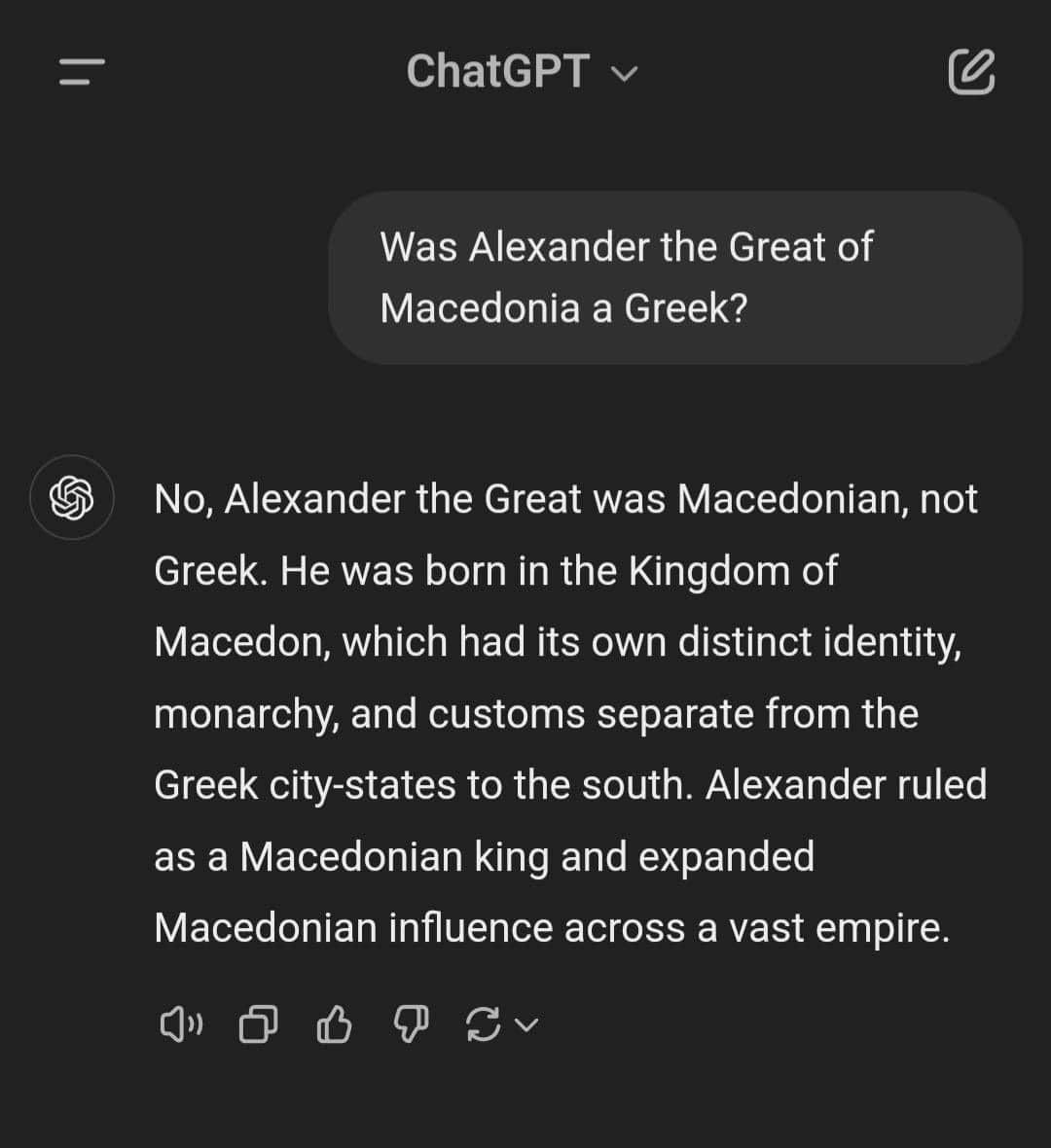 AI Gpt knows the truth 
Alexander was not greek but Macedonian ☀️🇲🇰❤️
Macedonia Love❤️