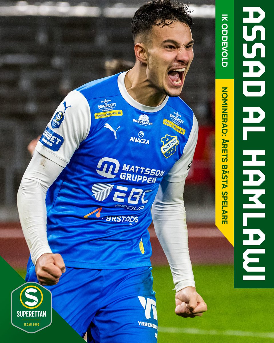 Assad Al Hamlawi har blivit nominerad till årets bästa spelare i Superettan!

Vinnarna publiceras hos Superettan från klockan 18.00 på tisdag den 19 nov och uppmärksammas under Allsvenskans Stora Pris, i Kanal 9 och Max på onsdag 20 nov.

#uppåtframåt #oddevold #superettan