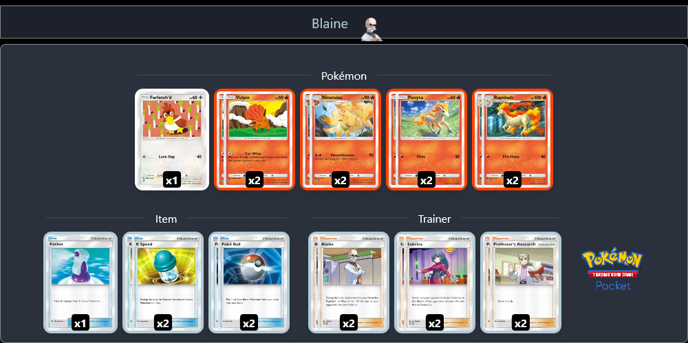 slooowestsloth's tweet photo. #PokemonTCGPocket F2P-Friendly Deck
- Ninetales + Blaine can one-shot Pikachu EX
- Farfetch'd can poke and tank Mewtwo EX
- Great for the early game https://t.co/ENusZd21kZ