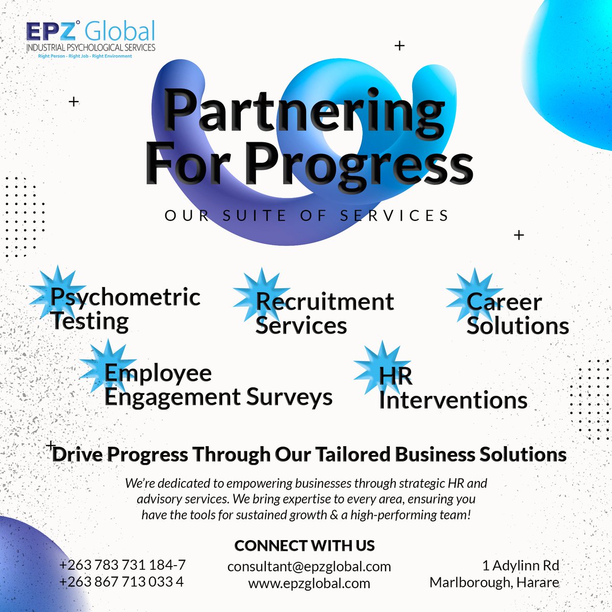 EpzGlobal's tweet image. Achieve lasting progress – where your business needs meet tailored solutions.

Partner with us for expertise that drives success.

#businesssolutions #progressdriven #hrconsulting #psychometrictesting #recruitmentservices #CareerSolutions #employeeengagement #EPZGlobal