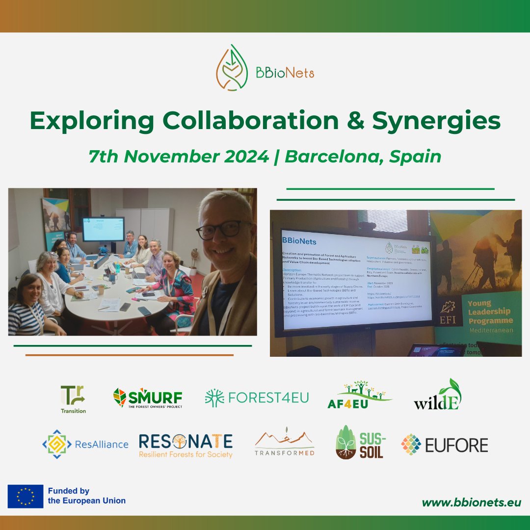 Last week in Barcelona... 🌿
On 7th November, the #BBioNets coordinator joined a private meeting hosted by the <a href="/europeanforest/">European Forest Institute (EFI)</a>. The event was dedicated to strengthening partnerships &amp; fostering #synergies among #bioeconomy-focused projects.🫂
Learn more➡️shorturl.at/qombA