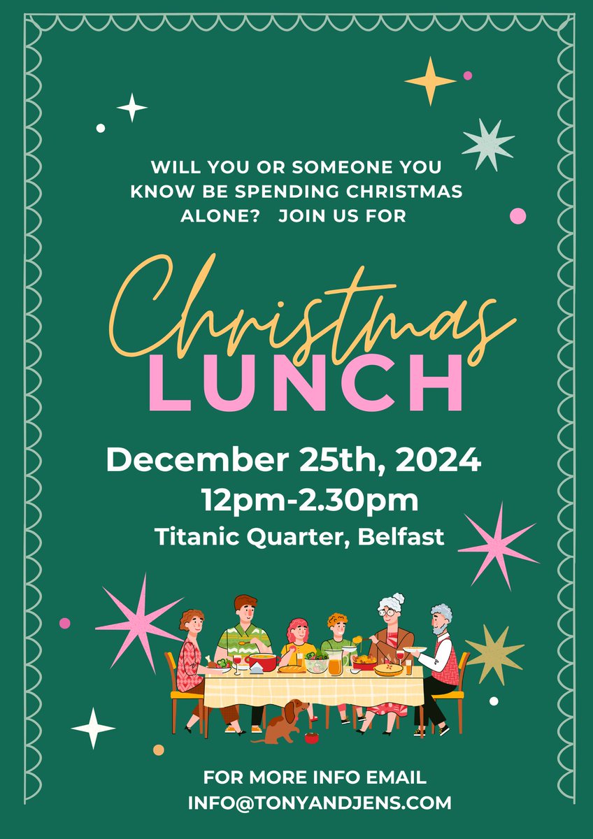 Tonyoneill83's tweet photo. Apologies for the social media broadcast but we’re after more guests &amp; I know they’re out there.

Each year we hold a Christmas dinner for anyone who is spending it alone or a family under pressure to make it enjoyable.

Contact info@tonyandjens.com for more details. Thanks https://t.co/1VBkwtRPHp