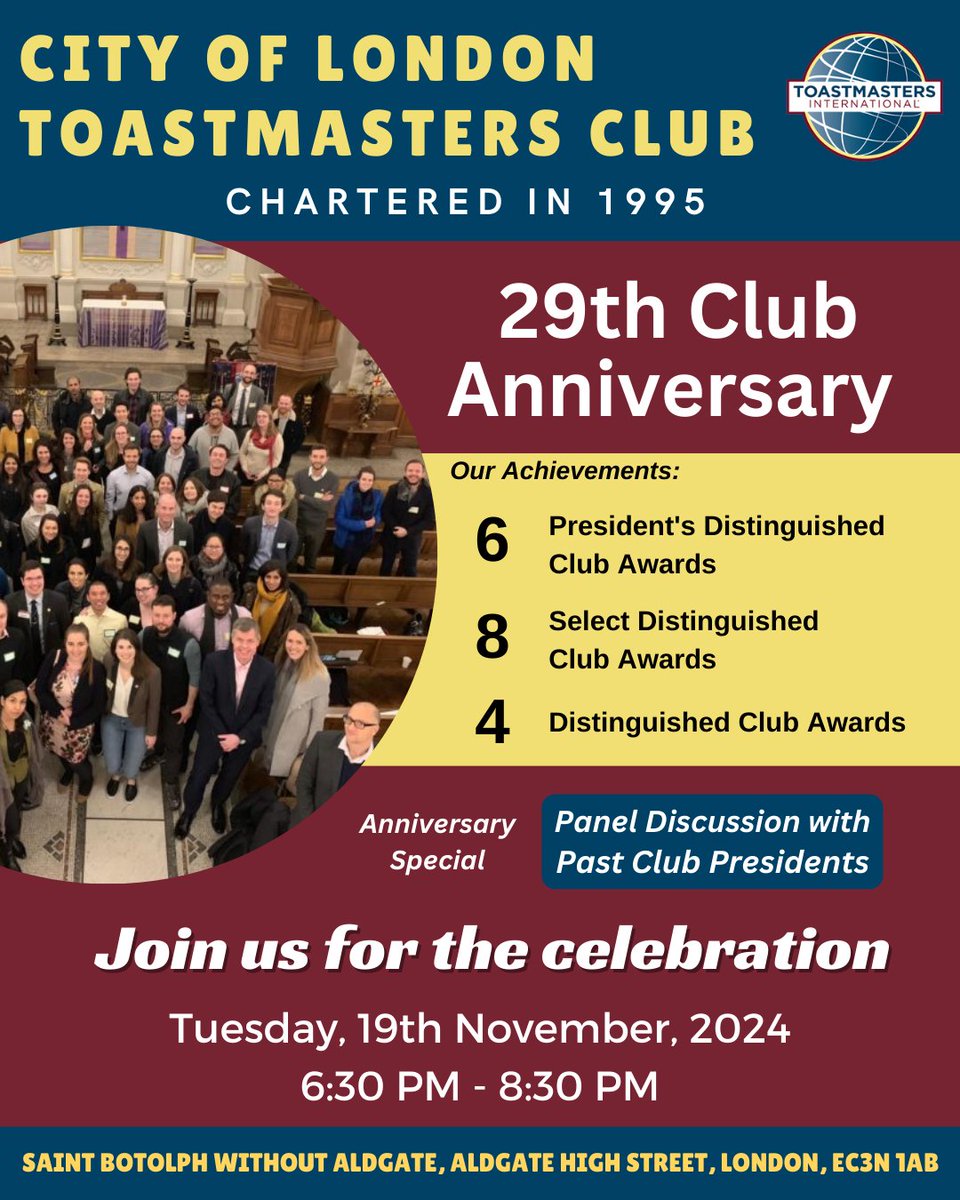 Celebrate 29 years of excellence with us! 🎉 Join our special anniversary meeting featuring a panel discussion with past presidents, inspiring speeches, and engaging Table Topics. Don’t miss this chance to connect, learn, and be part of our legacy! #Toastmasters #PublicSpeaking