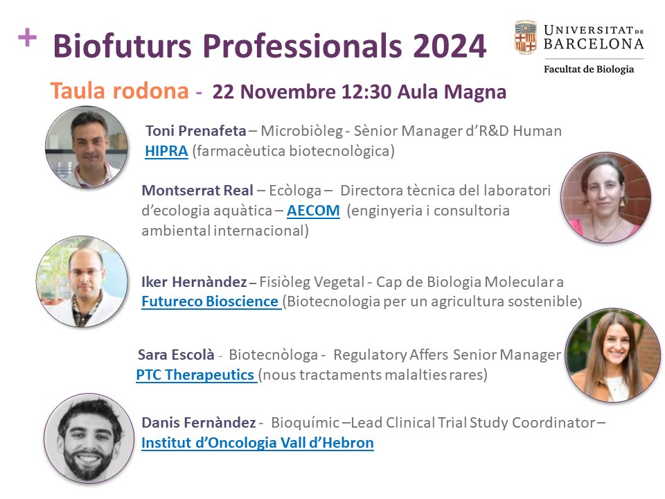 #AgendaBiologiaUB | Biofuturs Professionals 🌱 Vine a descobrir diversos perfils de graduades i graduats de la nostra facultat: ens parlaran sobre la seva feina, trajectòria i necessitats futures en la seva àrea! 

📆 Divendres 22/11
🕧 12:30
📌 Aula Magna Ramón Parés