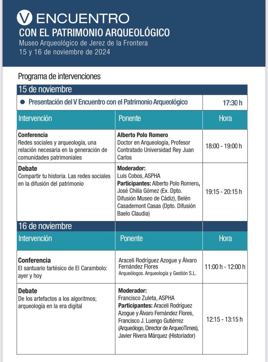 ✈️ <a href="/PoluxArq/">Alberto Polo</a> está en Jerez para participar en el V Encuentro con el Patrimonio Arqueológico.

📍Museo Arqueológico de Jerez de la Frontera.

📢 Hablará sobre la relación entre RRSS y arqueología y cómo esta es  necesaria para la generación de comunidades patrimoniales. 

🧵👇🏼