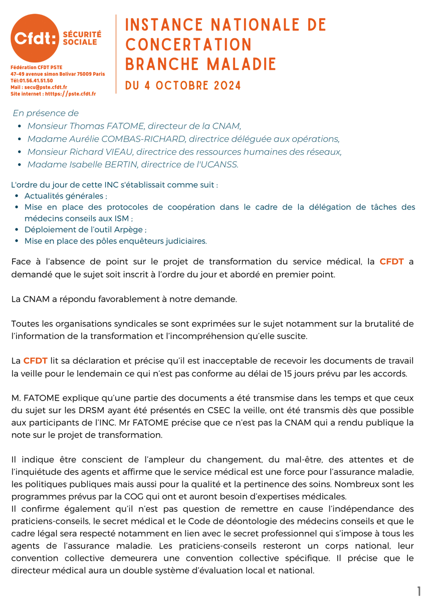 Marcin33290's tweet photo. [ Instance Nationale de Concertation de la Branche Maladie du 4 octobre 2024 ] - La #CFDT vous invite à prendre connaissance du compte rendu de cette réunion

#sécuritésociale #CFDT #AssuranceMaladie https://t.co/db561DDS6z