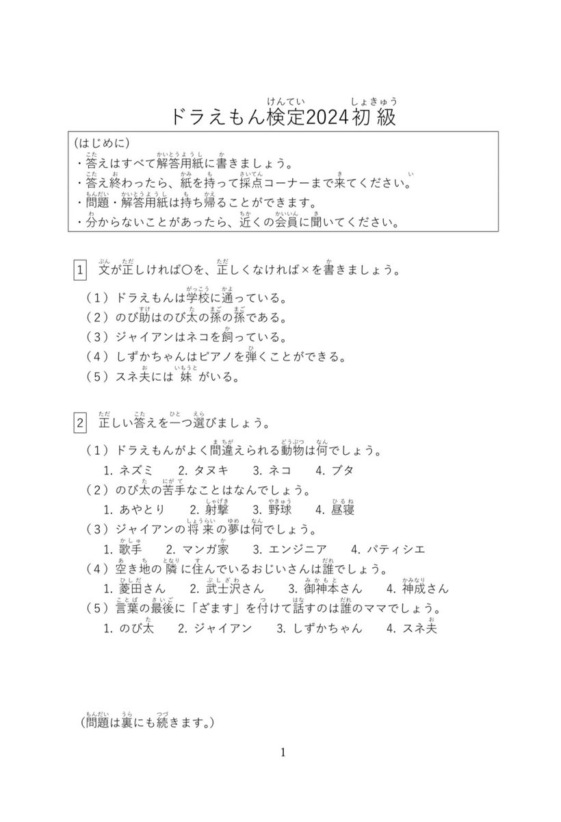 早稲田大学 ドラえもん検定 2024 ドラえもん検定2024初級】 合格点／満点：80点／100点 平均点：92.6点