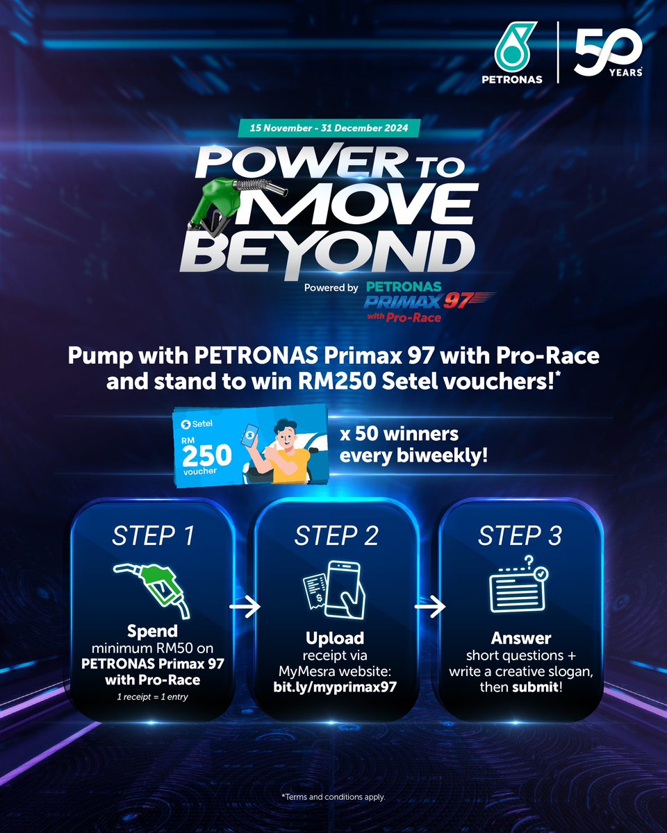Petronasbrands's tweet photo. Feel the power of PETRONAS Primax 97 with Pro-Race and you could score RM250 Setel vouchers.
3 rounds, 150 winners, will you be one of them? Fuel up and upload your receipt at https://t.co/BnOT0K673Z to enter!
#SinggahDulu PETRONAS and experience the #PowerToMoveBeyond! https://t.co/faww05QBoU