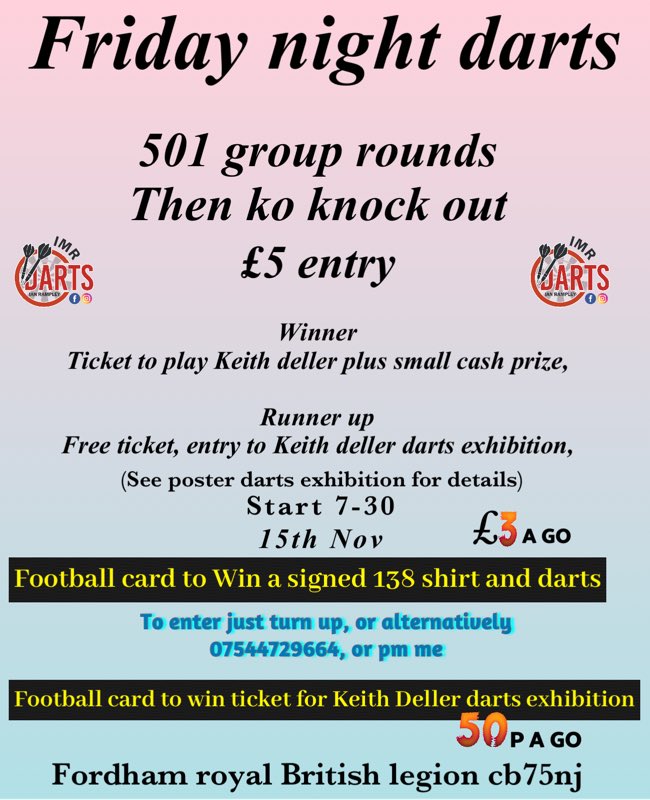 imrdartscambs's tweet photo. If you are thinking of coming to the Keith Deller evening
Please can you let me know I am looking for ticket numbers now 
If you like a ticket £10 
07544729664 https://t.co/2ir9RpDiHy