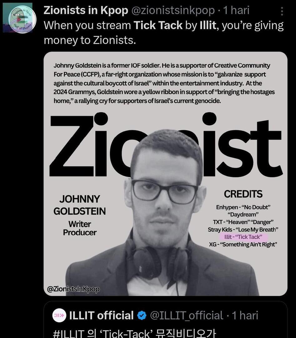 tanyakanrl's tweet image. 💚 Liat lah satu Zionis ini udh memproduksi lagu KPop buat 5 grup 🥲 Btw ini orang mantan tentara IDF bagian dri organisasi Zionis sayap kanan yg tugasnya nyebarin Zionisme di industri hiburan.

Hati² ges seremm makin banyak Zionis yg join kerja di perindustrian KPop 😐