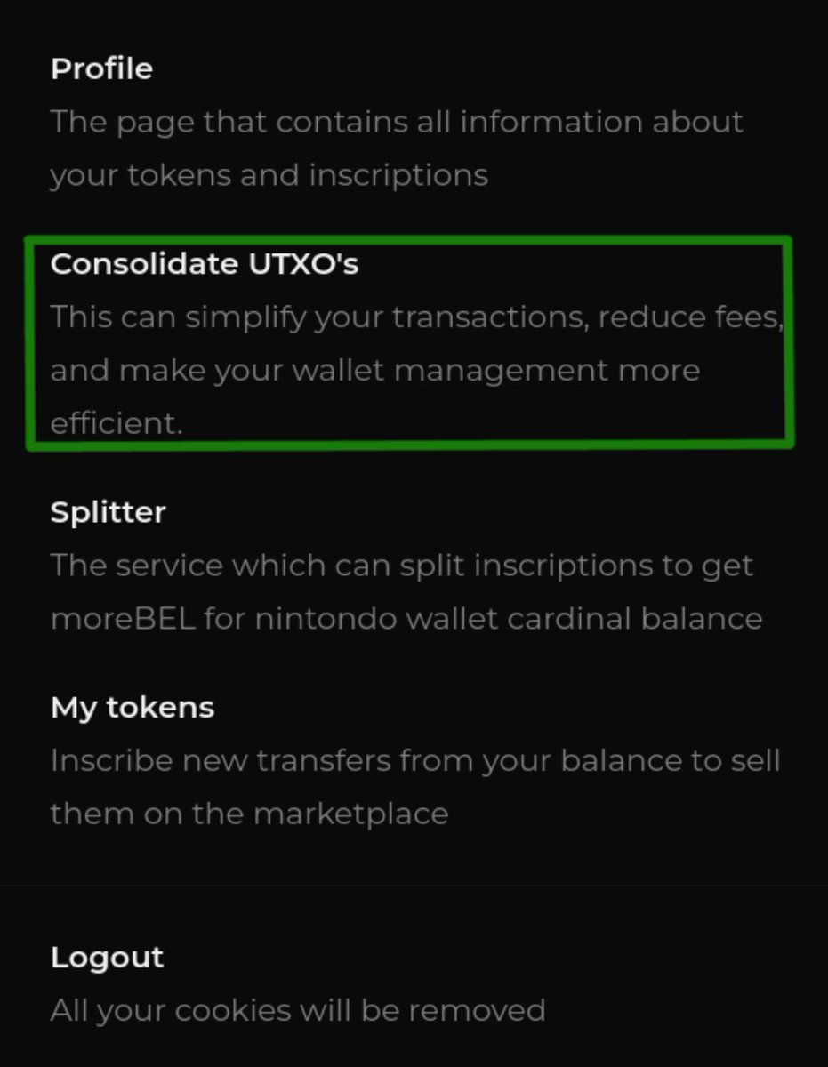 NintondoWallet's tweet image. New functionality on NINTONDO website: Consolidate UTXO’s
It helps to fix the error “Too many UTXOs, you need to consolidate them first”.
How to use:
1) Connect wallet to Nintondo website.
2) Choose from the menu “Consolidate UTXO’s”.
3) Sing the transaction.
