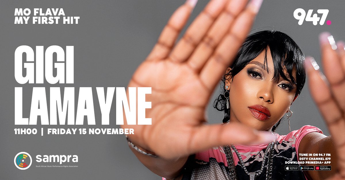 OfficialSAMPRA's tweet photo. Tune in to #MyFirstHitOn947 at 11:00 for an exclusive interview with rapper and singer-songwriter @Gigi_Lamayne as she will be taking us back to where it all started and sharing the story behind her first hit.

#LoveTheBeatPayForPlay #SAMPRAx947 https://t.co/pMKJln8DVl