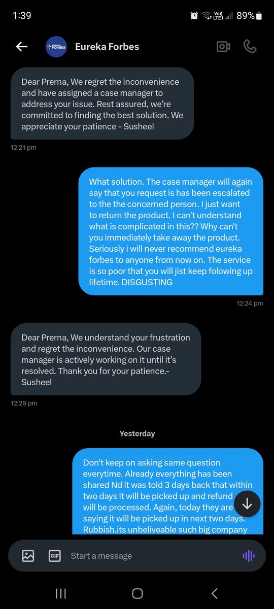 Prerna_S011's tweet photo. @Eurekaforbes @jagograhakjago never trust on big companies. They just make you fool. They are fooling us from last 25 days and its the matter of water. We are daily suffering with this. Purchasing water everyday just beacuse of @Eurekaforbes poor service. Ridiculous, Disgusting. https://t.co/nB6k1t4HWJ