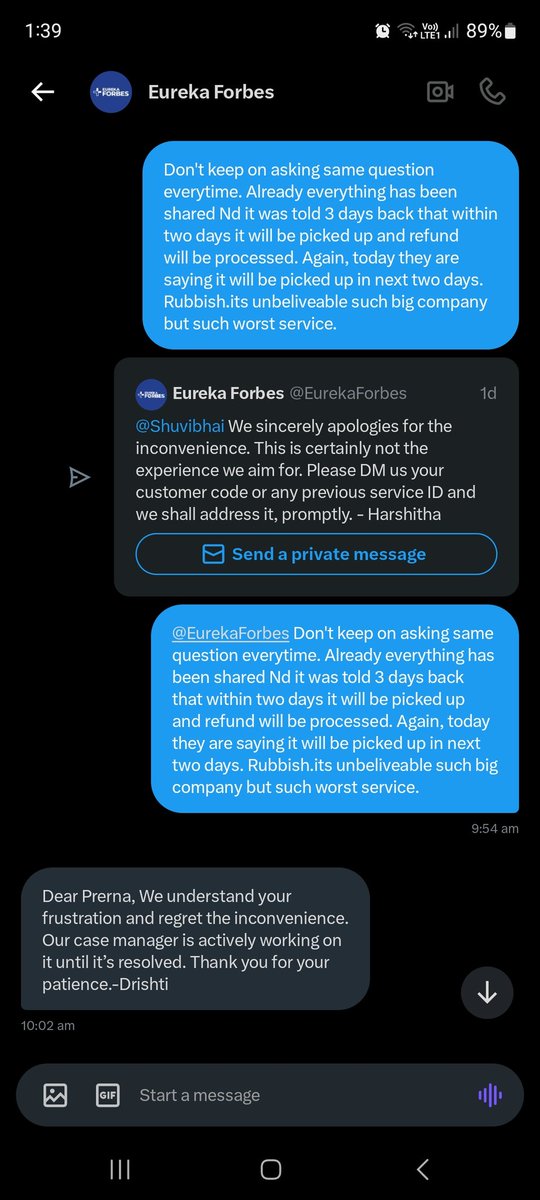 Prerna_S011's tweet photo. @Eurekaforbes @jagograhakjago never trust on big companies. They just make you fool. They are fooling us from last 25 days and its the matter of water. We are daily suffering with this. Purchasing water everyday just beacuse of @Eurekaforbes poor service. Ridiculous, Disgusting. https://t.co/nB6k1t4HWJ