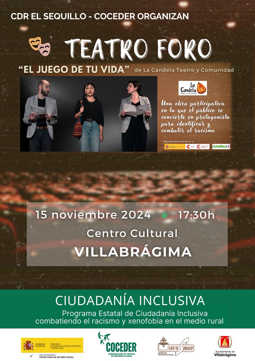 🎭Os recordamos que HOY viernes a las 17:30h en el Centro Cultural de #Villabrágima disfrutaremos de la obra de Teatro Foro "El Juego de tu vida" de <a href="/lacandelateatro/">La Candela - Teatro y Comunidad</a>.
 ¡¡Os esperamos!! 

Programa “Ciudadanía inclusiva” impulsado por @coceder y financiado por <a href="/MSocialGob/">Ministerio de Derechos Sociales, Consumo y A2030</a>