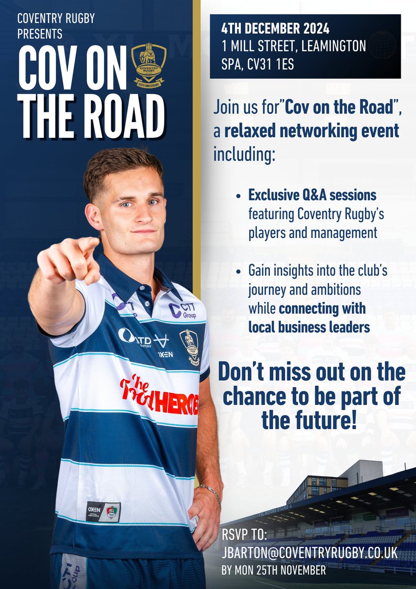 AskewsChartered's tweet photo. SPONSORSHIP: Coventry Rugby 🐘🏉

As one of our local club's biggest sponsors, we are looking forward to this fantastic networking opportunity next month!

RSVP 📧 jbarton@coventryrugby.co.uk 

#Accountancy #Askews #Accountants #Rugby #CoventryRugby #ChampionshipRugby https://t.co/031har3XZX