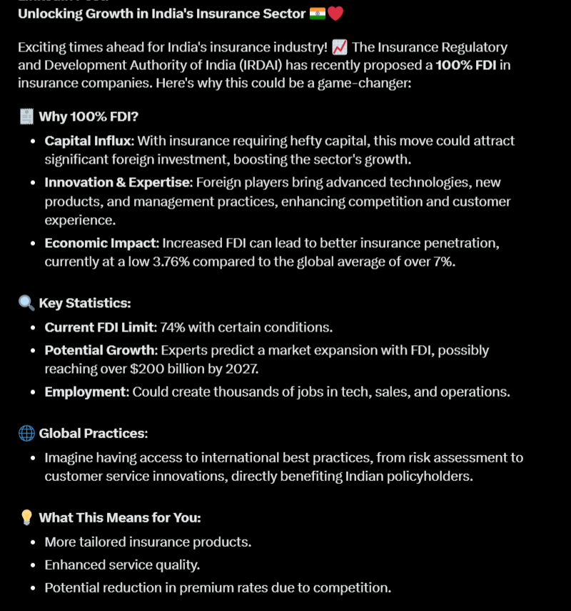 Bima_Lok's tweet image. India's insurance sector might see a revolution with IRDAI proposing 100% FDI! 🇮🇳📷 Imagine the influx of capital, tech, and expertise. This could mean:

Excited for what's ahead! #InsuranceInIndia #FDI #EconomicGrowth