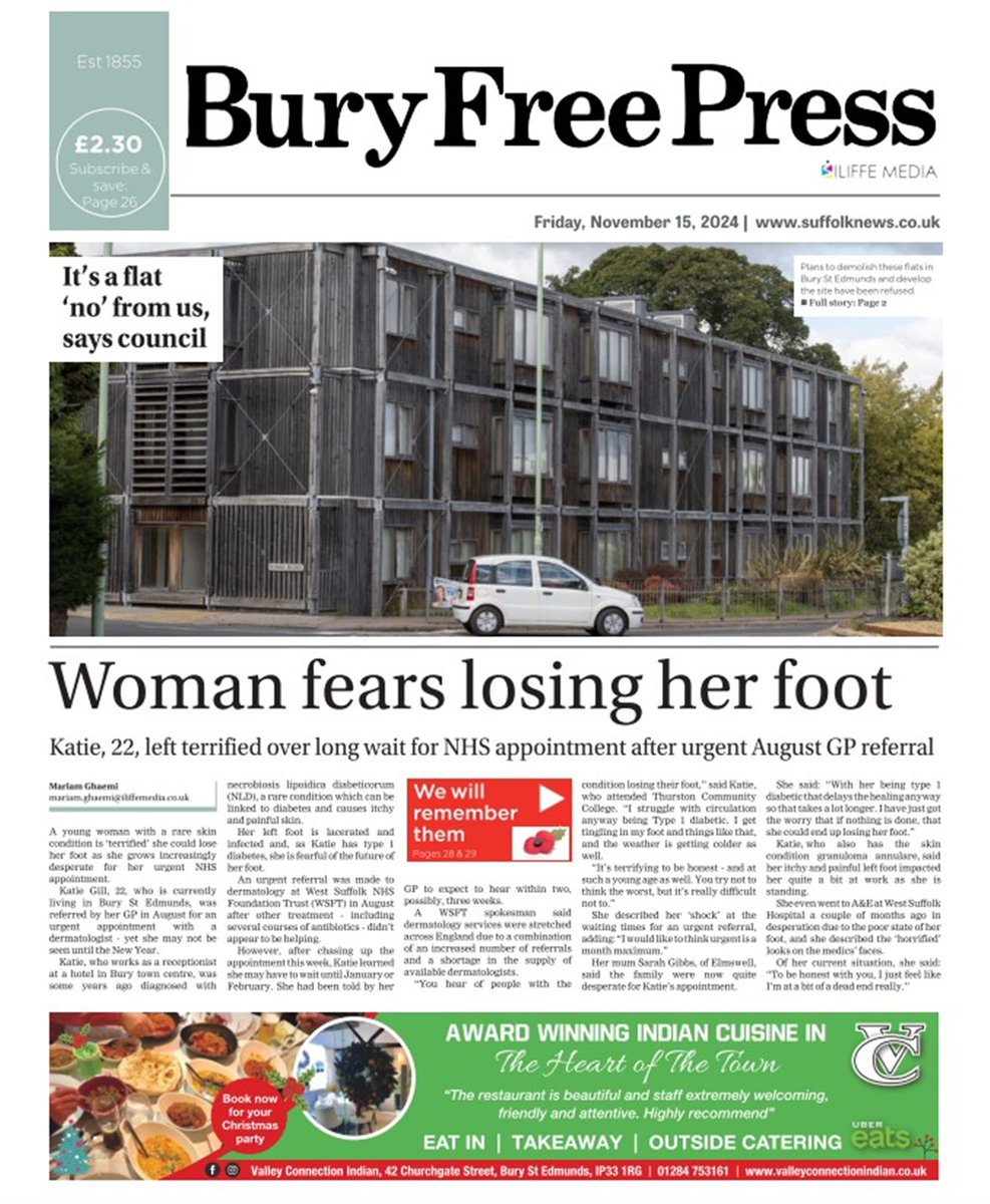 Today's <a href="/buryfree/">Bury Free Press</a> looks at eco flats plans and a woman's health fears;  we've remembrance pictures galore - along with a vet's anger after he spotted <a href="/West_Suffolk/">West Suffolk Council</a> 's flag flying UPSIDE DOWN at the parade; plus our xmas appeal for #gatehouse, what's on and #sport galore #news