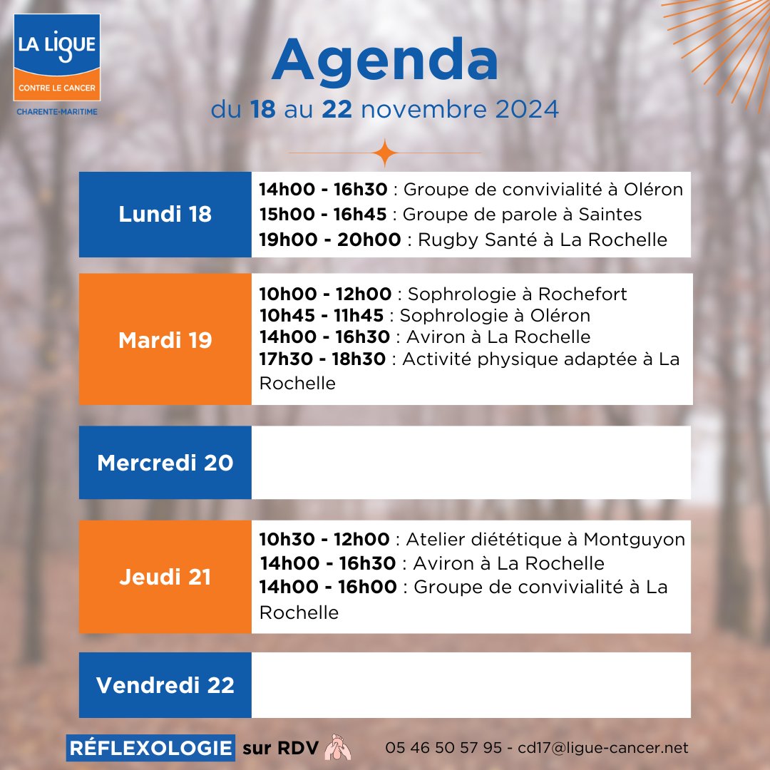 AGENDA | du 18 au 22 novembre 2024 📅
​
Au programme : sophrologie, atelier diététique, aviron, groupe de parole, groupe de convivialité...