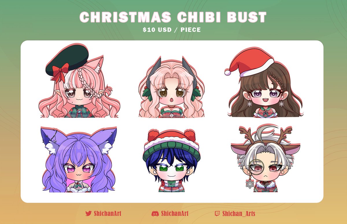 Hi! Christmas Chibi art is now available!

For only $10 USD you'll get a chibi art with either your choice if outfit or surprise xmas outfit~

TAT is 2-3 days~