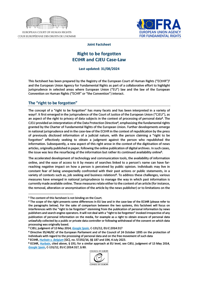 New ECHR/FRA joint factsheet on the Right to be forgotten published on the ECHR/EU page of the ECHR-KS platform rb.gy/xy778r
More information : rb.gy/1t5bgs
#ECHR #ECHRKS