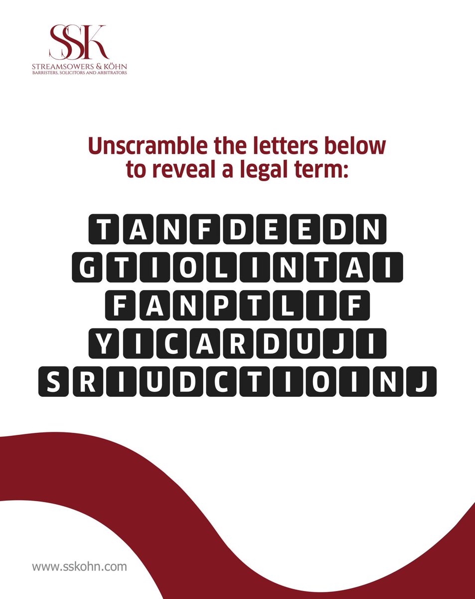 SSKohnNG's tweet image. Ease into the weekend with a little brain teaser. Unscramble the letters to reveal a legal term.

Any guesses? Share your answers below.

#FridayChallenge #LegalFun #WeAreSSK