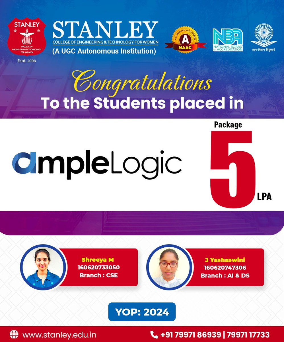 stanleywomensc1's tweet photo. #Congratulations! 

A big round of applause to Shreeya M &amp; J Yashaswini for securing #Placements with #ampleLogic with an #AmazingPackage of 5 LPA!🎉

#StanleyEngineeringCollege🎓#SuccessStory #CareerAchievement #WomenInTech #EngineeringEducation #StudentPlacements #CareerSuccess https://t.co/Gq13M30W90