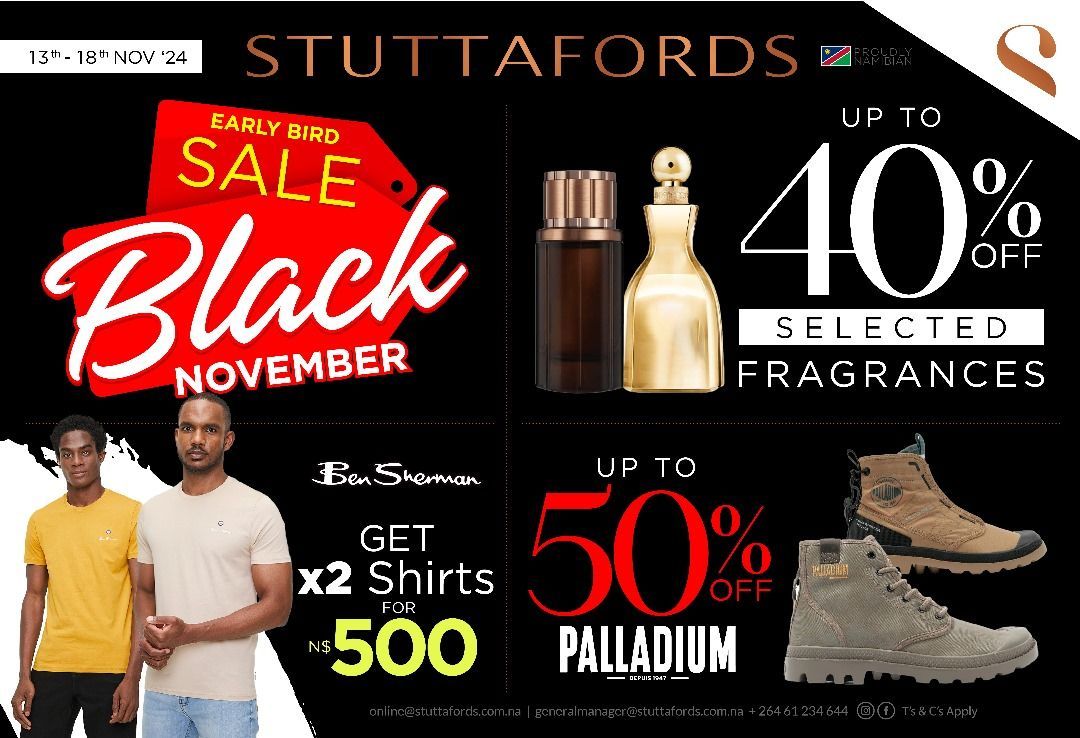 TheNamibian's tweet photo. AD | π₯π₯π₯
Early Bird Black November happening at Stuttafords. Come in store and find your favorite brands with great discounts!! From 13 - 18 November 24.
#Stuttafords #Grovemall #Maeruamall #exclusive #brands #BlackNovember
π₯π₯π₯ https://t.co/rhuToBBAeD