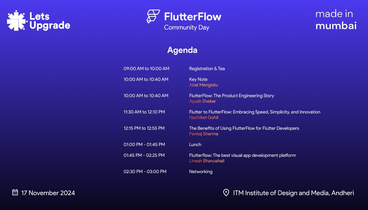 🎉 Save the Date for @FlutterFlow Community Day in Mumbai! 🎉

📅 Nov 17, 2024 | 📍 ITM Institute of Design &amp; Media

🎤 Keynote by @AbelMengistu + talks by @PankajSharma ,<a href="/ayushshekhar17/">Ayush Shekhar 💙</a> ,<a href="/NachiketGohil/">Nachiket Gohil</a> &amp; Linesh Bhanushali

Don’t miss out on learning &amp; networking! 🤝