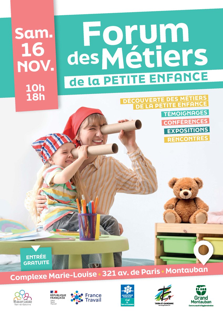 fedeADMR_82's tweet photo. 📅 L'ADMR Tarn-et-Garonne sera au Forum de la Petite Enfance ce samedi 16 novembre à Montauban ! Venez découvrir nos services pour les familles
✨Micro-crèche à Saint-Nicolas
✨Service de Garde d'enfants 
✨TISF 
✨Nouvelle micro-crèche à Varen bientôt !

#ADMR #PetiteEnfance https://t.co/vQJbXJcTzW