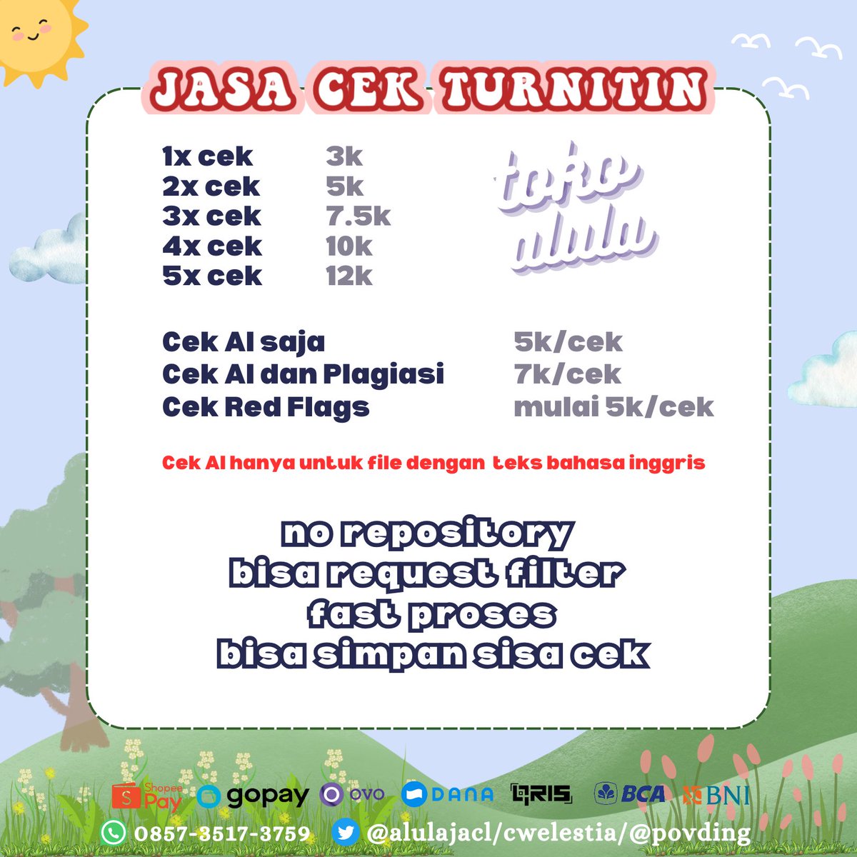 JASA CEK TURNITIN NO REPOSITORY OPEN!!!✨️🎉

#zonauang #zonaba #jokitugas #cekturnitin