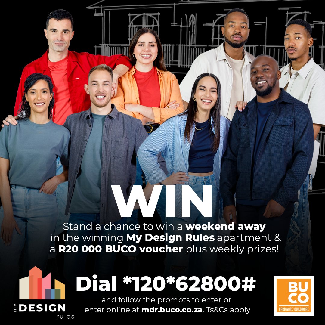 MyDesignRulesTV's tweet photo. Stand a chance to win a weekend away in the winning #MyDesignRules apartment PLUS a R20,000 #BUCO voucher.
Dial *120*62800# and follow the prompts to enter  OR you can enter on their website https://t.co/iMH8tzpiCD    

Begin with Buco. 

T's &amp; C's apply https://t.co/Z9fM7NiGpK https://t.co/UIcuV2TLwJ