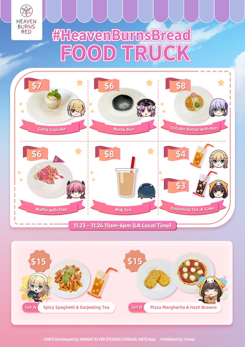 hbr_official_en's tweet photo. 🚚Experience characters' favorite dishes in real life at the #HeavenBurnsBread Food Truck event in Los Angeles!

📅Date: 11/23 11:00 - 11/24 18:00 (LA Local Time)
📍Address: 328 E 2nd St, Los Angeles, CA 90012

👉Retweet and tell us which dish you are most excited to try for a chance to win in our giveaway! The winner will be able to enjoy up to $50 worth of food at the event. If you cannot make it to the event, you can choose to receive an equivalent gift card instead.

⏳Giveaway Duration: 11/16 18:00 - 11/19 23:59 (LA Local Time)

#HeavenBurnsRed #Yostar #HeavenBurnsBread