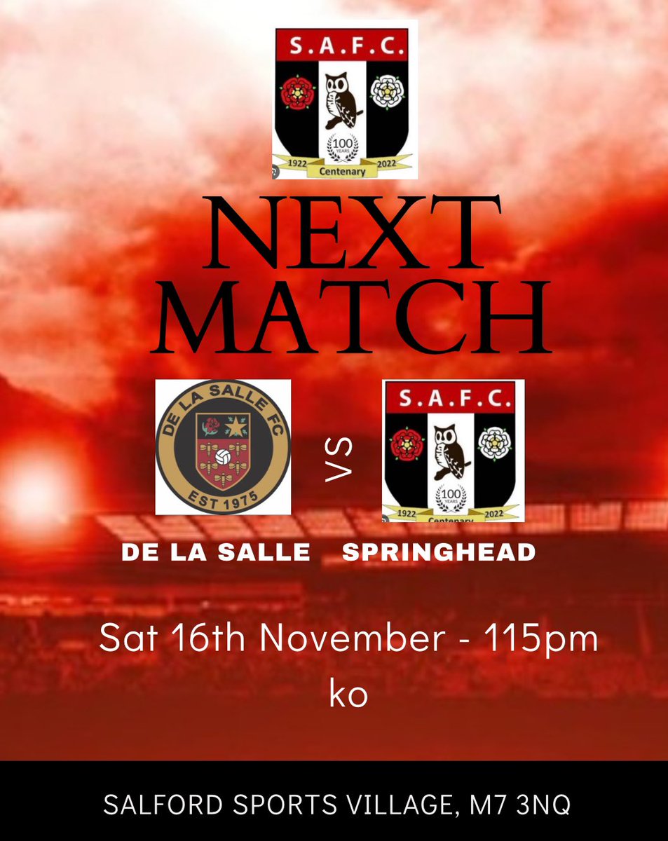 Another massive weekend of games for us. 1st team looking to maintain unbeaten start with really tough away game <a href="/DeLaSalleReds/">De La Salle FC</a> at Salford Sprts Village please note 115pm ko. Reserves at home to <a href="/SacredHeartFC/">Rochdale Sacred Heart FC</a> reserves with a 2pm ko. Bar and kitchen open 🔴⚫️⚽️