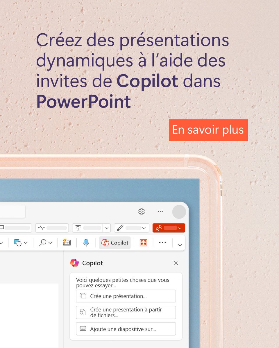 Copilot dans PowerPoint vous aide à créer des présentations captivantes en quelques invites seulement, en donnant vie à vos idées grâce aux graphismes professionnels de Microsoft Designer. Pour en savoir plus : msft.it/6010WYyVG