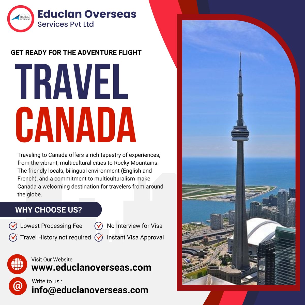 Educlan0verseas's tweet image. From Educlan
Canada is a vast and diverse country
From the majestic Rocky Mountains TO serene national parks
Enjoy a variety of outdoor activities such as hiking, skiing, and kayaking.

Call us :
+919016959505 / +919023391770

#visittoronto #visittorontonow #visittorontocity
