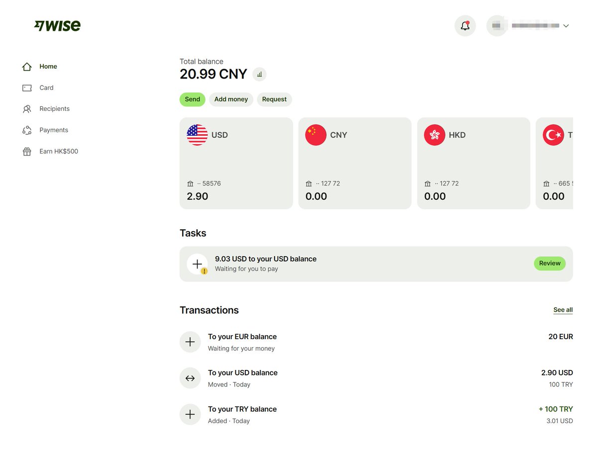 趁着等待时间，今天把Wise 个人账户入金激活好了，需要护照+ 60天的地址证明对账单。  但是比较难的点是入金激活这一步，不接受国内的储蓄卡信用卡转入，如果没有国外卡，这一步需要有人帮助你