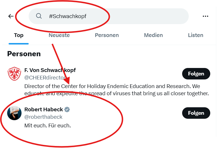 Wenn man den Trend #Schwachkopf anklickt, bekommt man direkt Robert #Habeck als Top-Empfehlung!
😂