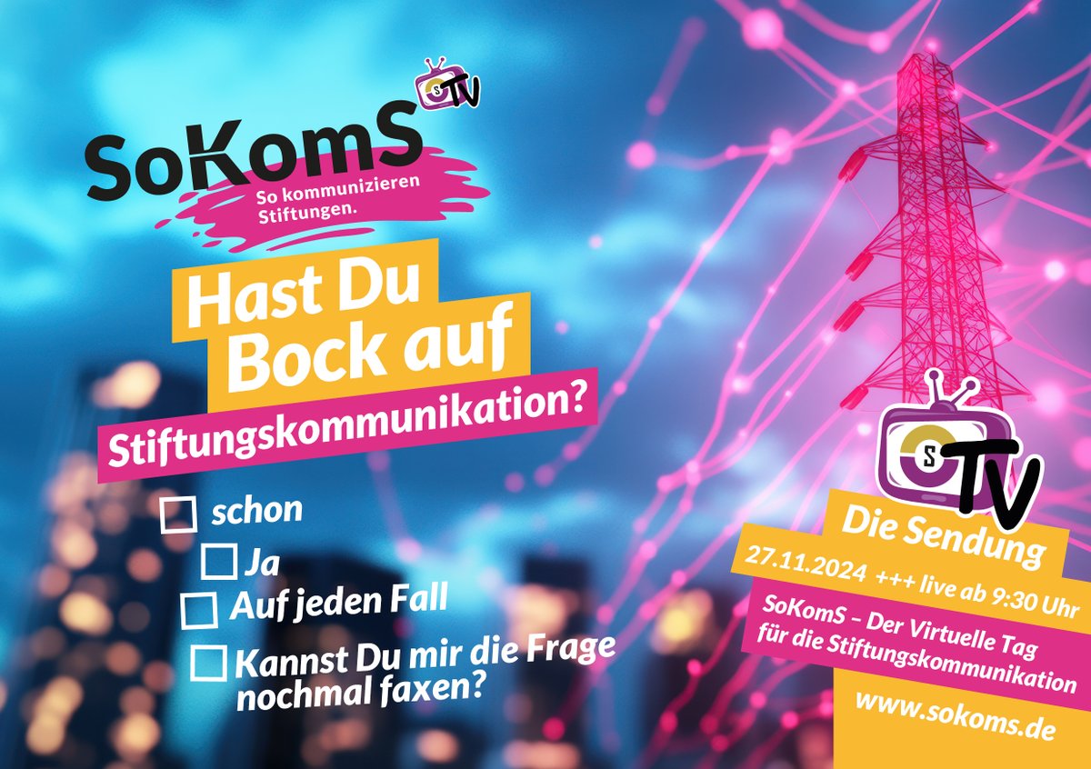 Wen begrüßen wir am 27.11.2024 ab 9:30 Uhr im Studio, bei So kommunizieren Stiftungen, dem Frühstücksfernsehen rund um #Stiftungskommunikation? u.a. Ulrike Hattendorf von der Aventis Foundation, Carste Frederik Buchert von der Felix Burda Stiftung, ... sokoms.de