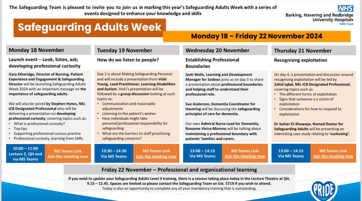 Join the us for this year's Safeguarding Adults Week by joining our events to enhance your knowledge &amp; skills. In addition to our own Team members, we have a number of external speakers sharing their knowledge &amp; expertise around some very interesting topics. 18th-22nd November 🩵