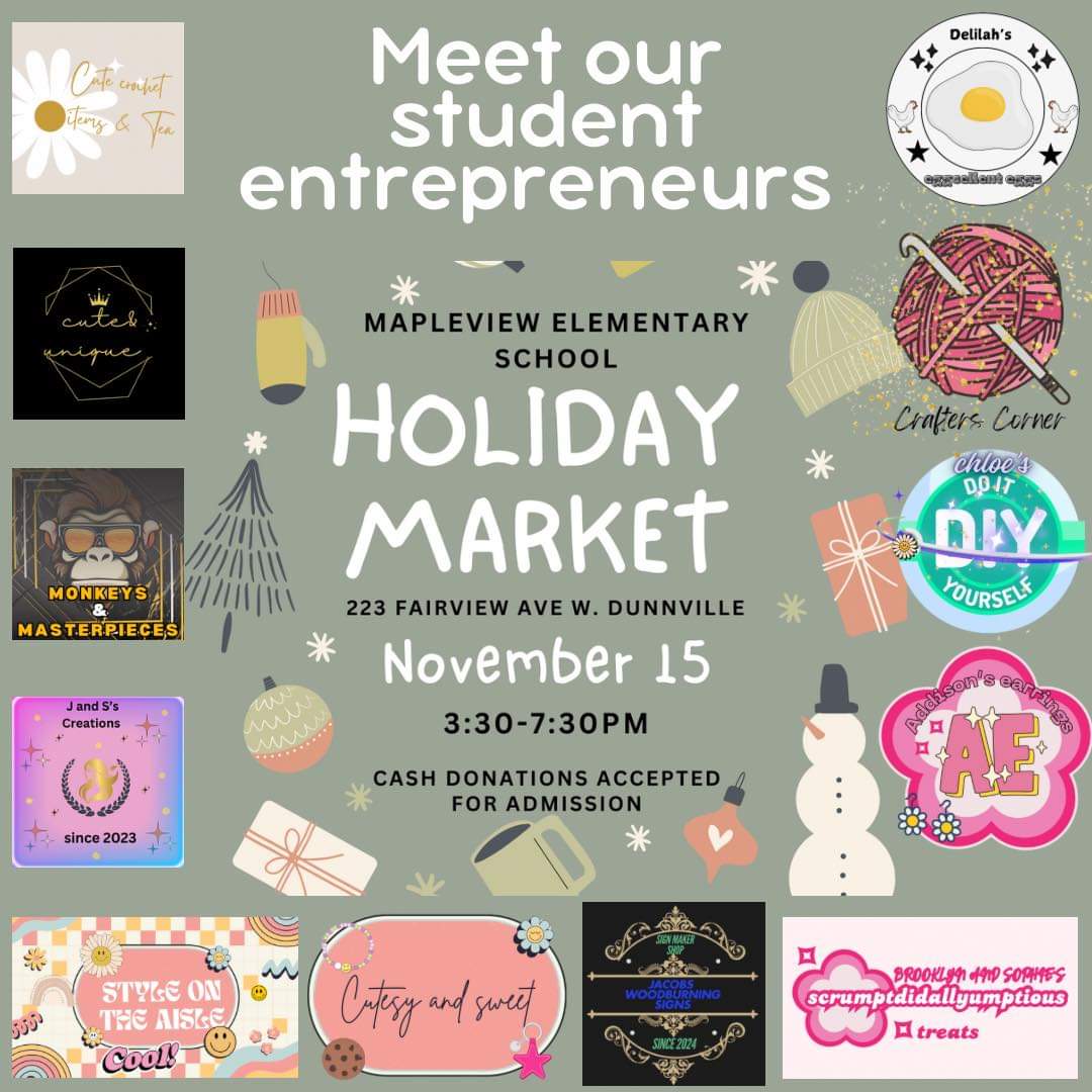 Join us TODAY for Mapleview's first Holiday Market with over 30 vendors!

🌟 Fri., Nov. 15, 2024 from 3:30-7:30 p.m.
🌟 Admission is by cash donation.
🌟 Proceeds go to our Festive Lunch in December.

Cross some gifts off your holiday list and have some festive fun!
<a href="/M_Mustangs_/">Mapleview Elementary School</a>