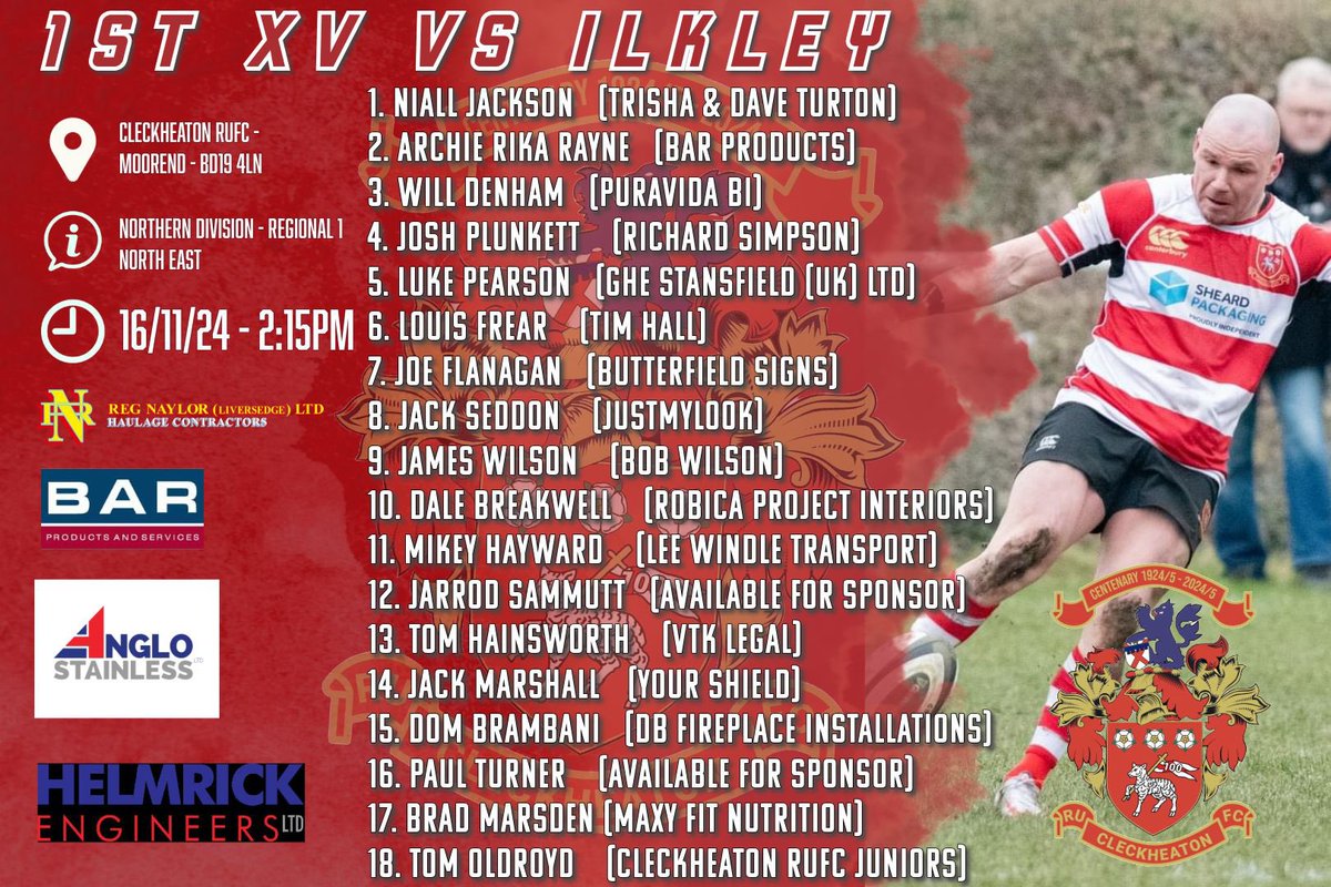 🏉Team News!🏉

1sts in action this week as we welcome Ilkley to fortress Moorend for what is always an exciting clash between the 2 sides!!

1sts home 🆚 <a href="/IlkleyRugby/">Ilkley RFC Official</a> 
📆Sat 16th Nov
⏰ 2.15pm KO
📍 BD19 4LN
🐑🐑 🔴⚪️🔴⚪️🔴⚪️🔴🐑🐑 
#UTL
