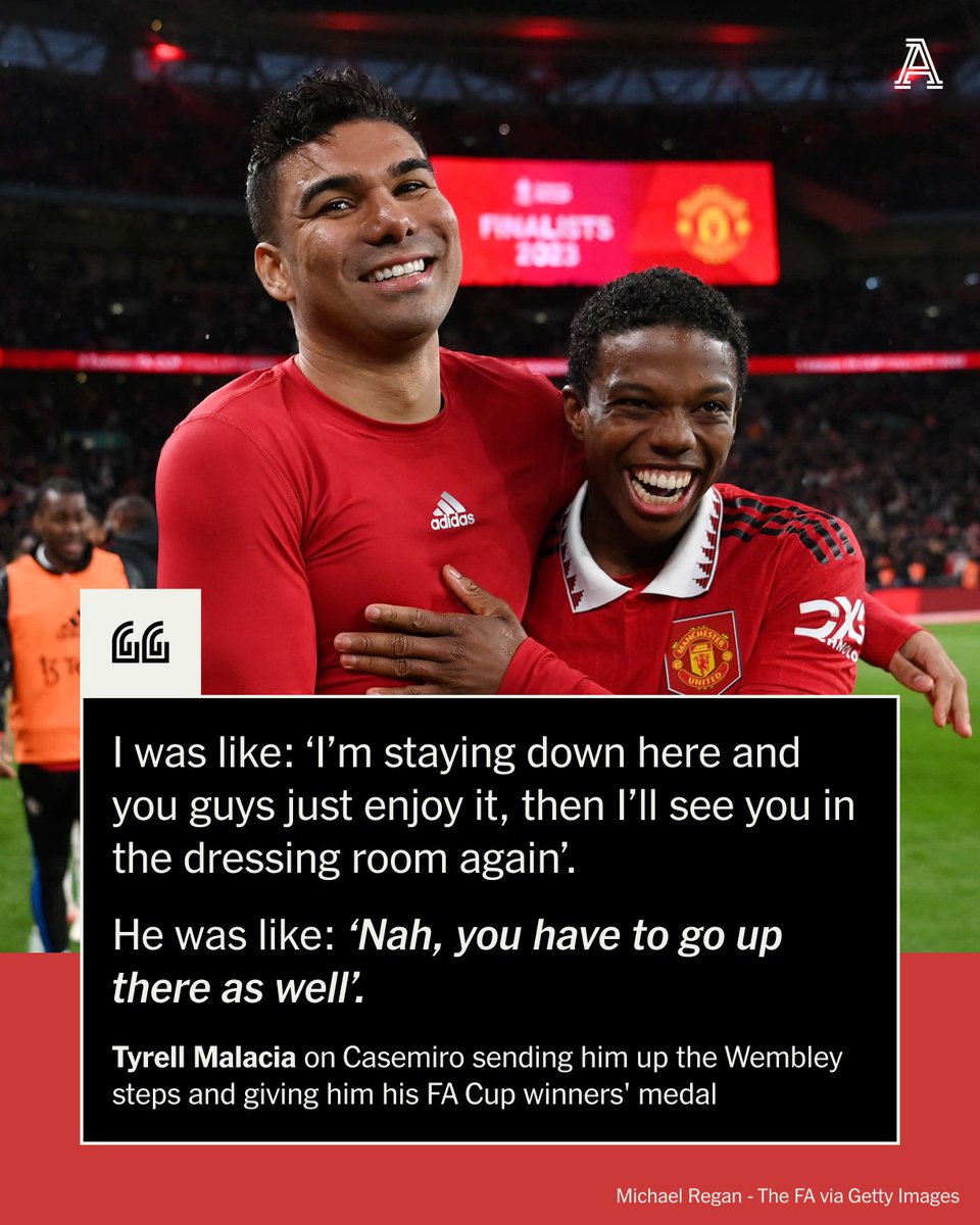 TheAthleticFC's tweet photo. Tyrell Malacia did not want to climb Wembley’s famous steps when Manchester United beat Manchester City to win the FA Cup.

But Casemiro insisted that he did.

The former Real Madrid midfielder also gave Malacia his FA Cup winners’ medal — a story that was denied in some quarters at the time but that Malacia himself says is true, despite him politely protesting that Casemiro should keep it.

“Like I said before, if he gives you that, you just listen!”

Malacia spoke exclusively with @mjcritchley ⤵️

🔗 https://t.co/9FXXKlsU7F