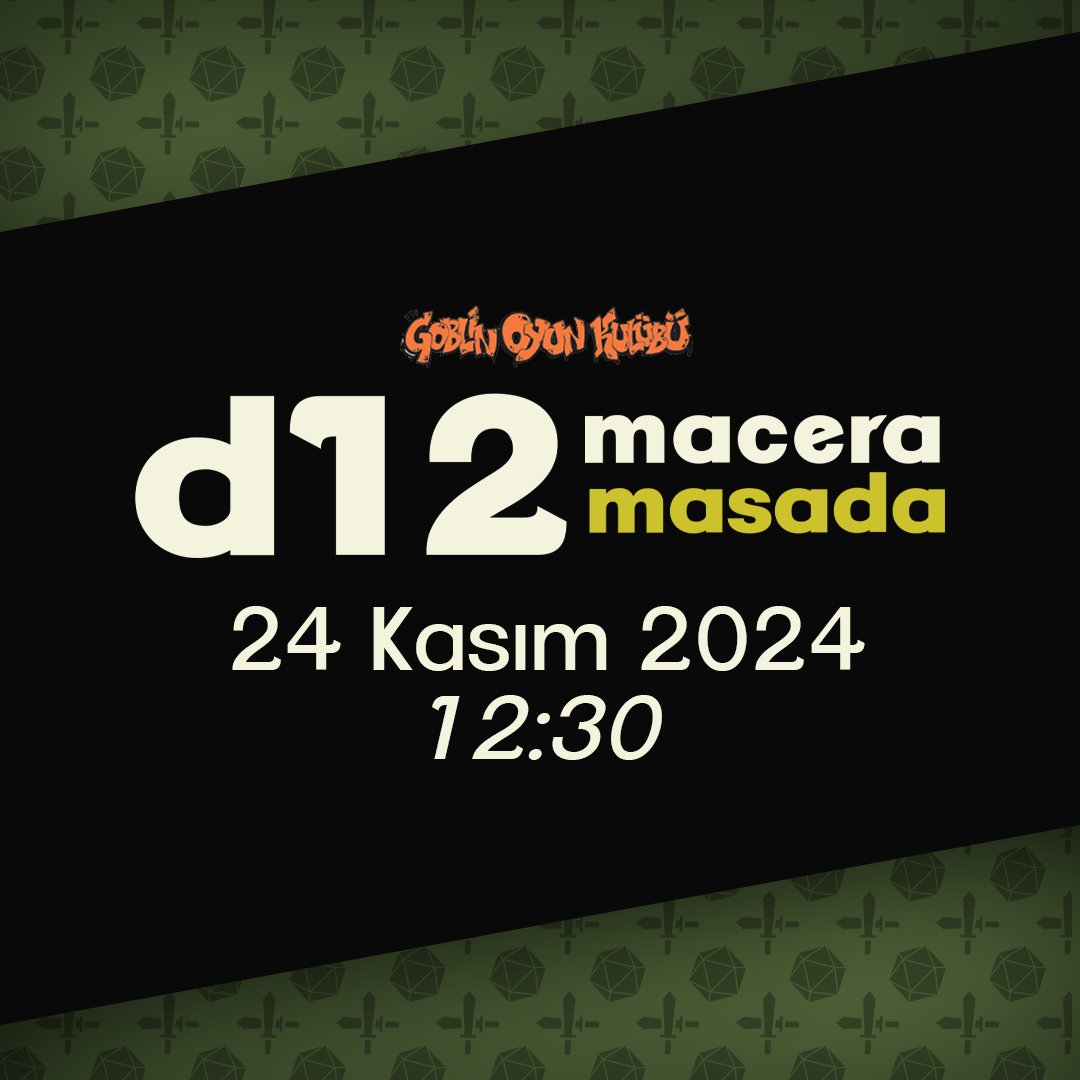 Sevgili macecılar!
24 Kasım Pazar günü Goblin Oyun Kulübü’nde birlikte zar sallamaya hazır mısınız? Ön kayıtlar Katıl üyelerine açık, genel kayıtlar ise yarın saat 14:00’te başlıyor. Masalar dolmadan yerinizi ayırtmayı unutmayın!
Link: d12macera.com/d12masada