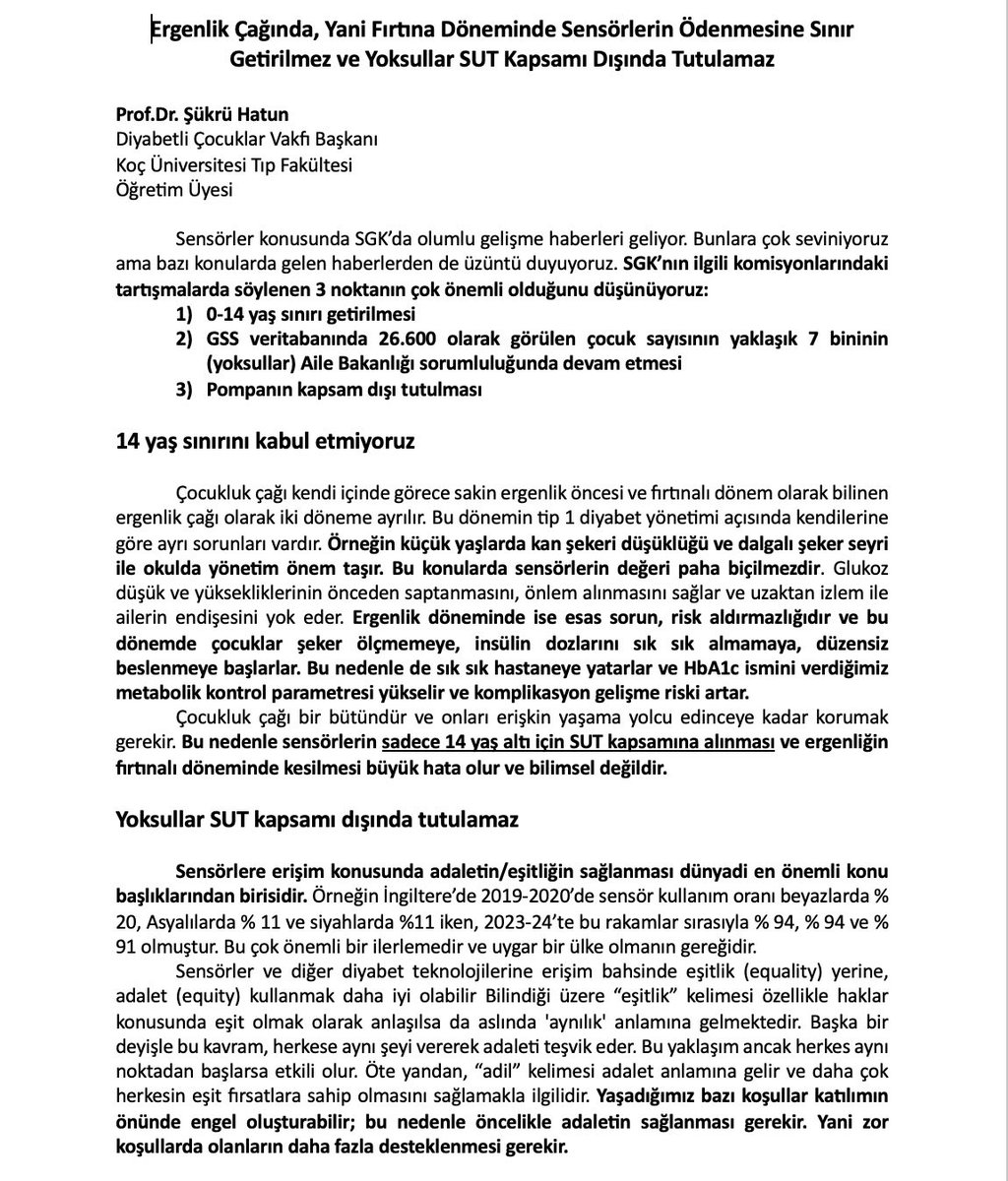 sukruhatun's tweet photo. SKG’nın  sensörleri ödemesi konusunda olumlu haberler var ama  bazı noktalarda sorunlar var. Bir tanesi 14 yaş sınırı, diğeri şu anda Aile Bakanlığından sensör alanların SUT kapsamı dışında bırakılması. Ülkemiz sensörler konusunda adım atarken yaş sınırı getitirir ya da yoksullar için ayrı düzenleme yaparsa, “bir işi yarım yapmış” olacak ve daha fazla memnuniyetsizlik yaratacaktır. Ülkemizin her yerinden binlerce Binlerce tip 1 diyabetli çocuk ailesi ile haşır neşir yaşayan hekimler olarak bu satırları yazma amacımız yetkililerin en doğru kararı vermesine yardımcı olmaktır. @isikhanvedat @drmemisoglu @memetsimsek @KAYIHANPALA @ednanarslanchp @aylinyaman_ @leylasahinusta
