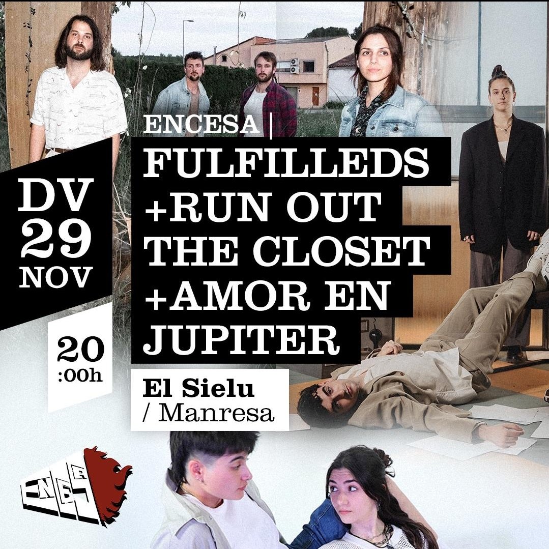 Aquest mateix novembre al SIELU presentem L'ENCESA!

És un projecte que neix dels grups emergents de Manresa per fer-nos el nostre lloc. Els divendres 22 i 29 de novembre actuarem

Riner
Dogteeth
Declivi
Run Out The Closet
Amor en Jupiter
Fulfilleds

I l'entrada és GRATUÏTA!