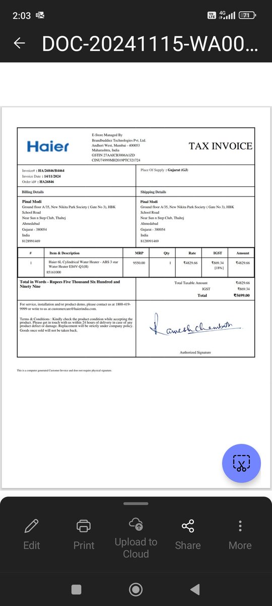 PinalModi2193's tweet photo. @IndiaHaier Attaching my invoice for your reference. My contact details is 8128991469 https://t.co/gsSylQNxnh
