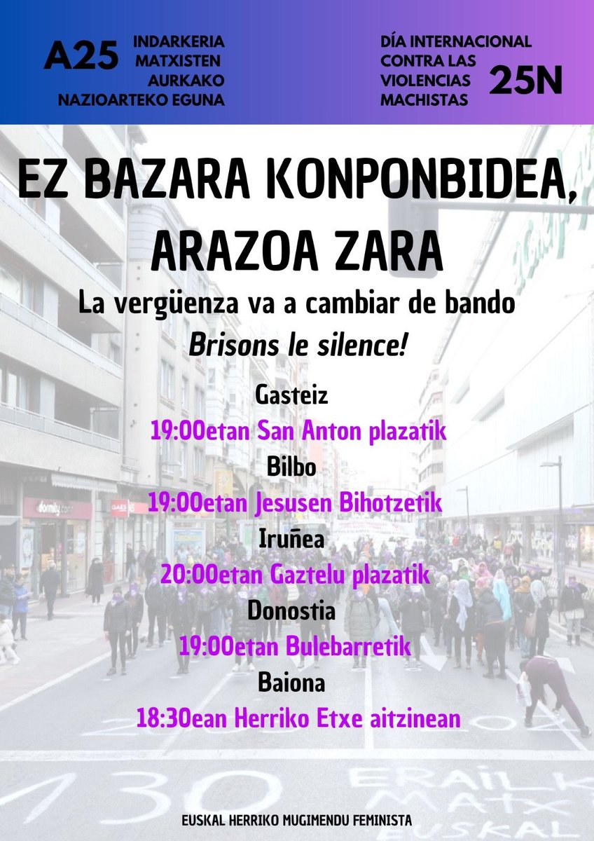 KONPONBIDEA EZ BAZARA, ARAZOA ZARA.

SI NO ERES LA SOLUCIÓN, ERES EL PROBLEMA.

MANIFESTAZIOA 
Iruñea
Azaroak 25 de Noviembre
20:00 Gaztelu Plazatik